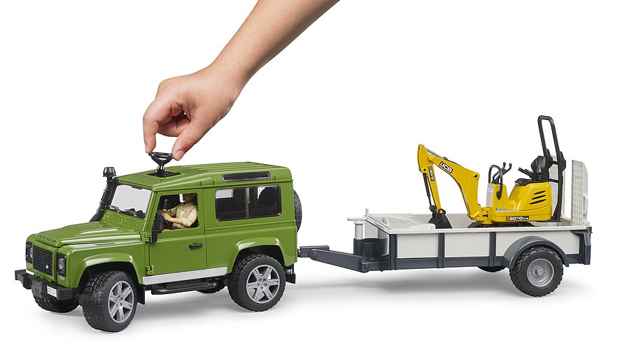 BRUDER Land Rover Defender, Einachsanhänger, JCB Mikrobag.+Bauarbeiter