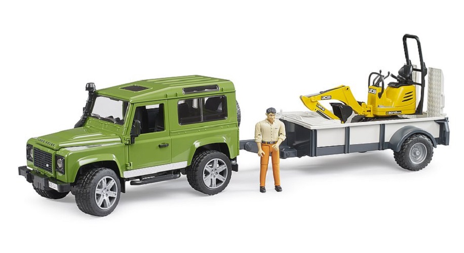 BRUDER Land Rover Defender, Einachsanhänger, JCB Mikrobag.+Bauarbeiter