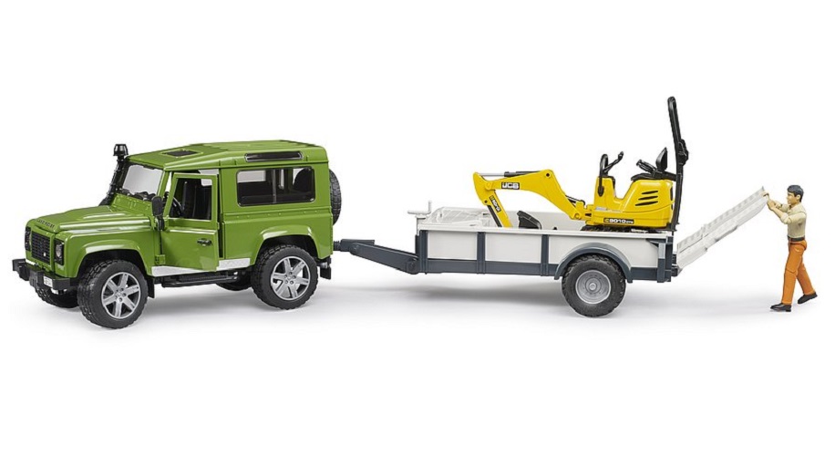 BRUDER Land Rover Defender, Einachsanhänger, JCB Mikrobag.+Bauarbeiter