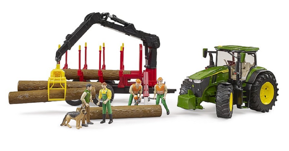 Bruder John Deere 7R 350 mit Rücke- anhänger und 4 Baumstämmen