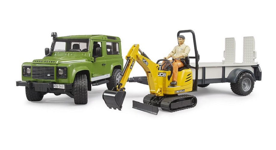 BRUDER Land Rover Defender, Einachsanhänger, JCB Mikrobag.+Bauarbeiter