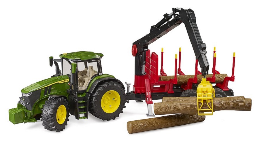 Bruder John Deere 7R 350 mit Rücke- anhänger und 4 Baumstämmen