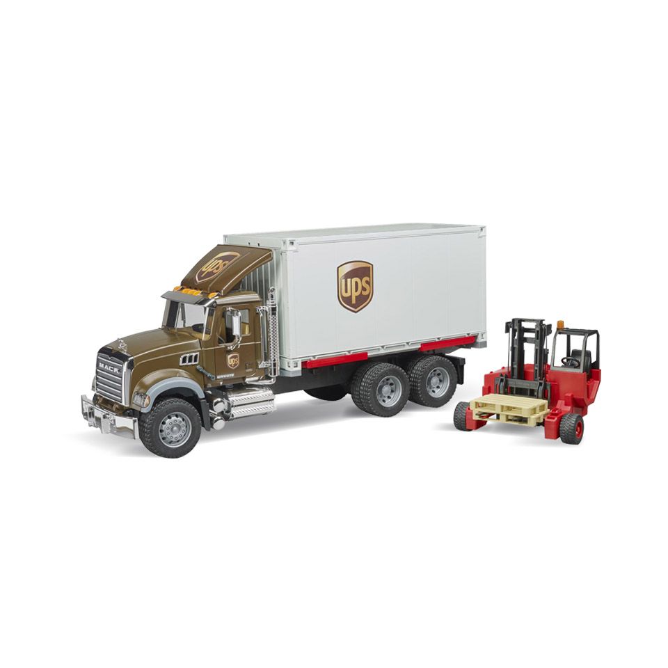 Bruder MACK Granite UPS Logistik-LKW mit Mitnahmestapler
