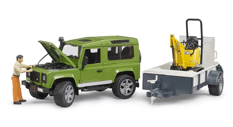 BRUDER Land Rover Defender, Einachsanhänger, JCB Mikrobag.+Bauarbeiter